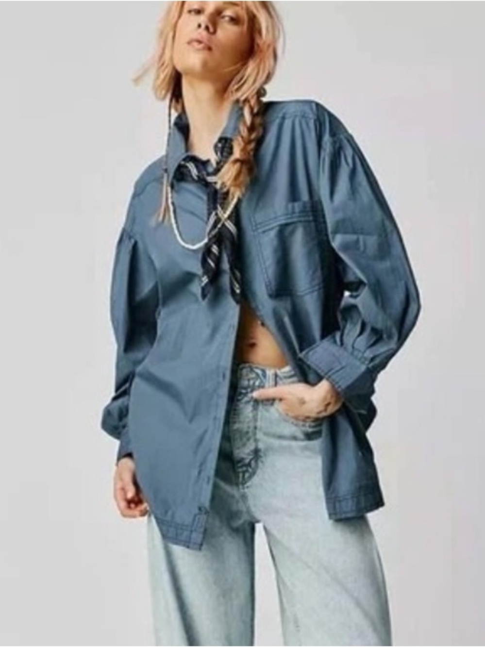 Free People Poplin Shirt We The Free Happy Hour Oversized Women’s Small Blue